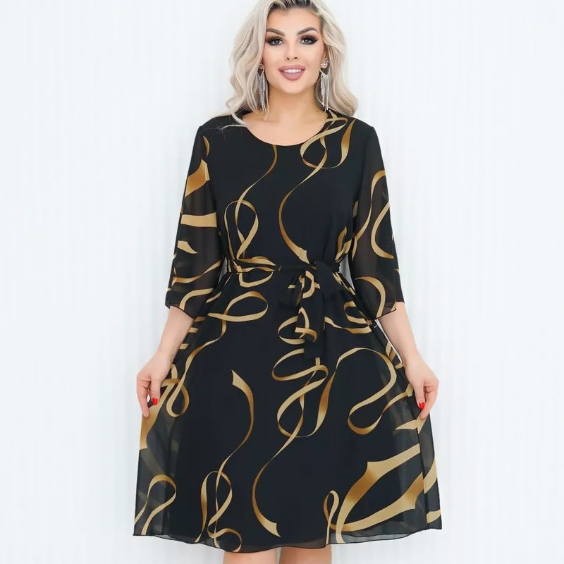 CLARISSA™|Vestido de cuello redondo con cinturón para mujer
