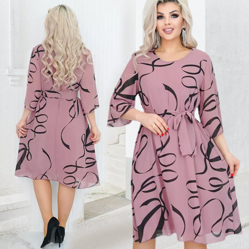 CLARISSA™|Vestido de cuello redondo con cinturón para mujer