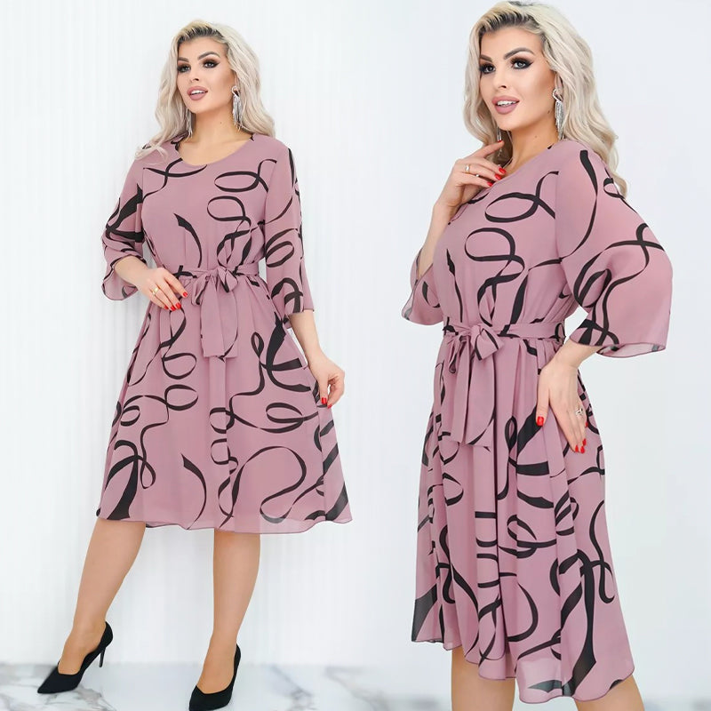 CLARISSA™|Vestido de cuello redondo con cinturón para mujer