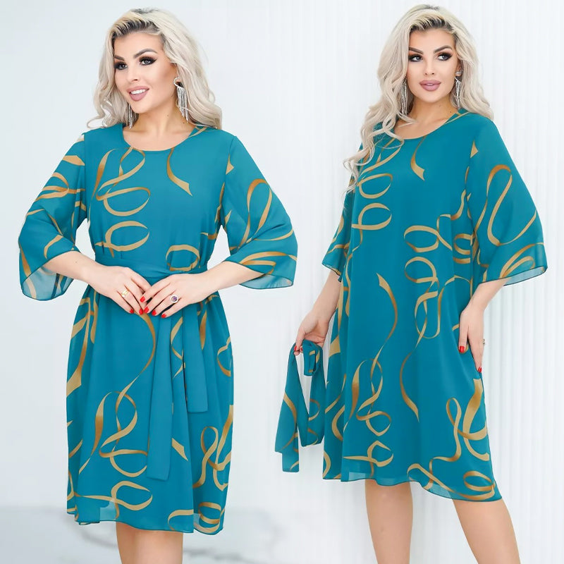 CLARISSA™|Vestido de cuello redondo con cinturón para mujer