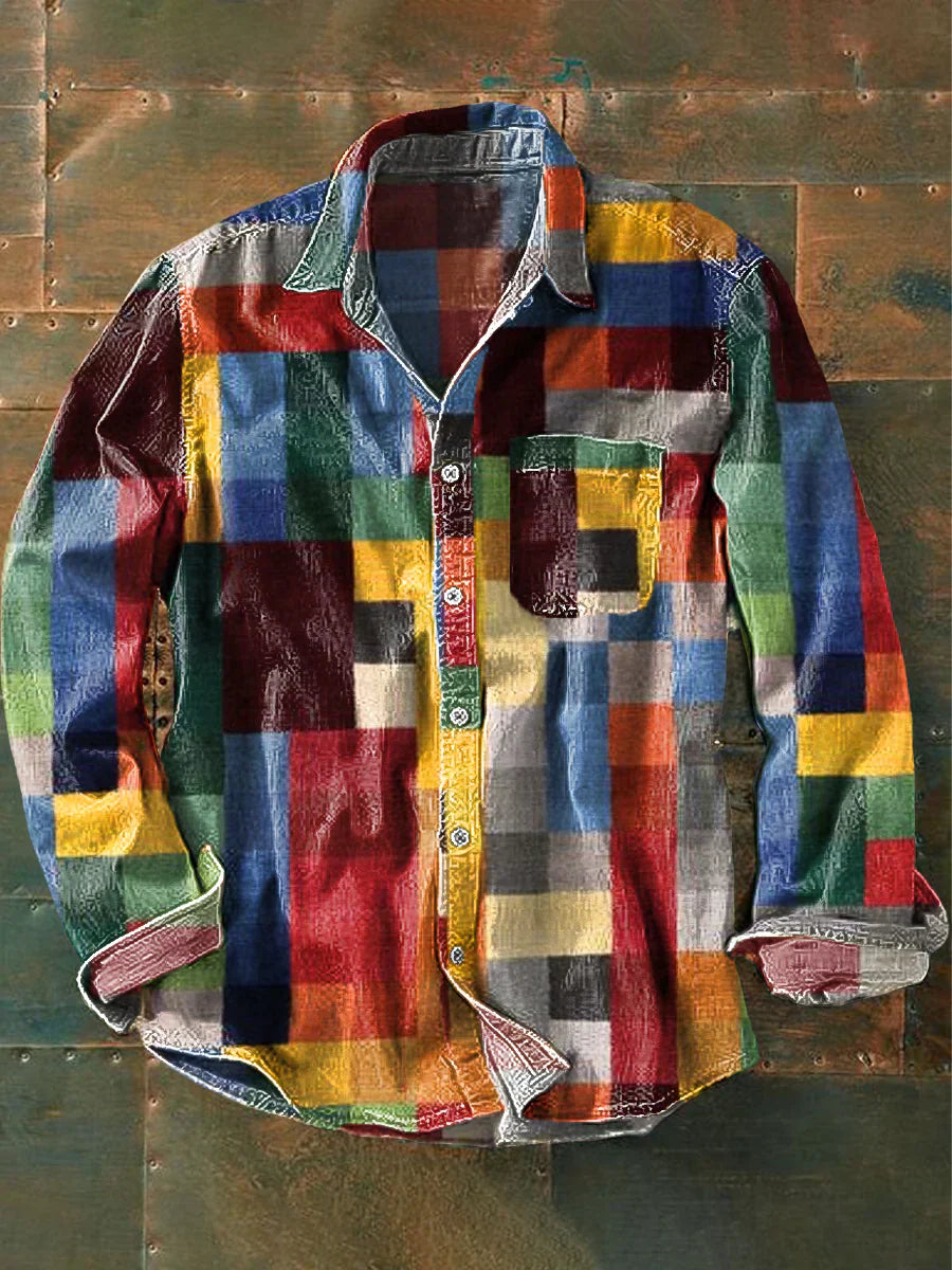 Camisa de cuadros vintage en colores del arcoíris con impresión, de manga larga y con bolsillos
